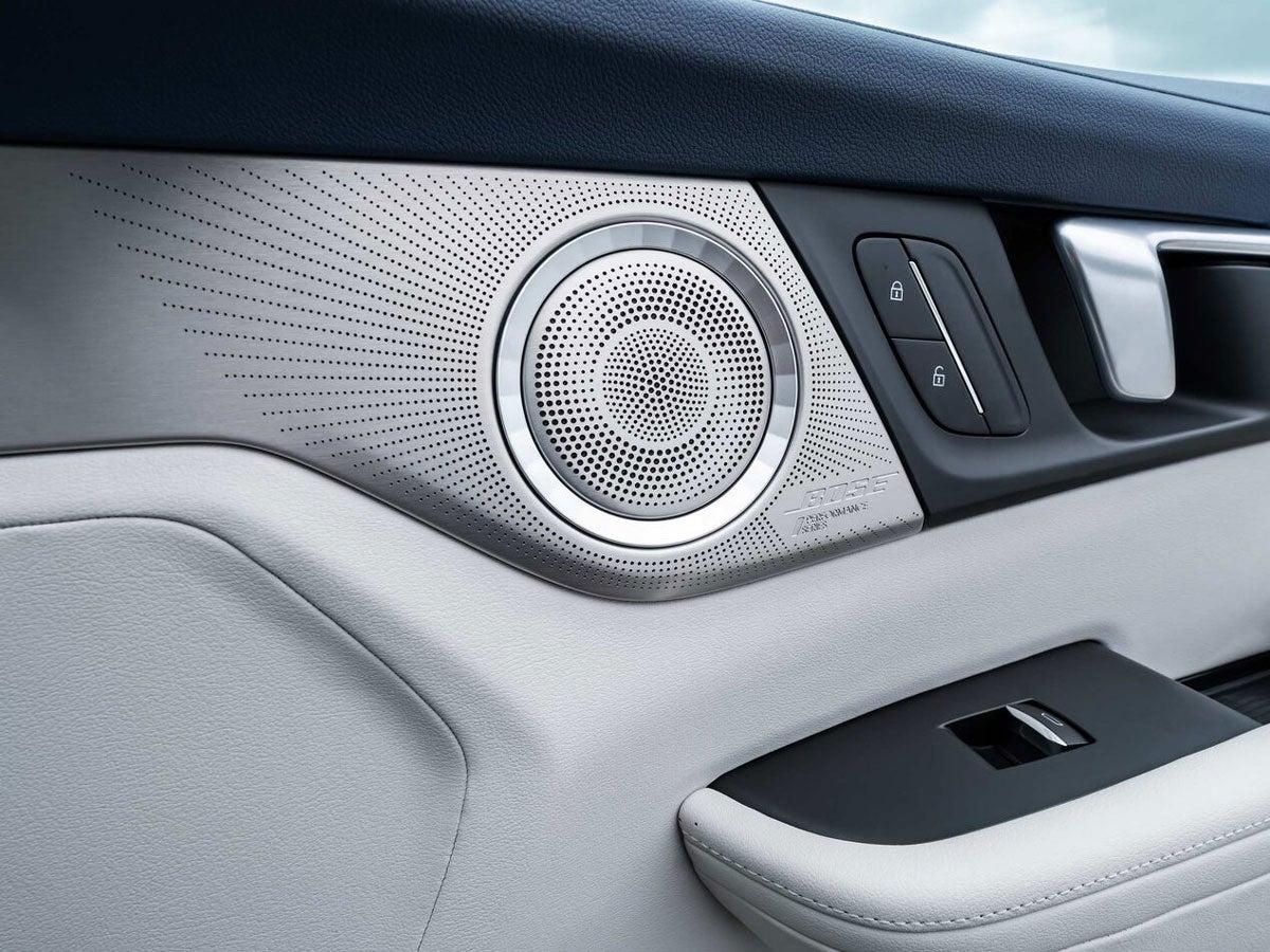 Car door panel with a circular silver Bose speaker, door lock buttons, and window switch.